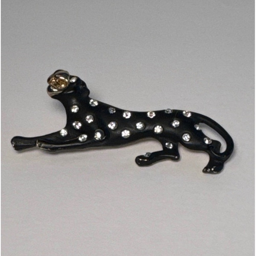 Vintage Black Panther Leopard Brooch Rhinestone Enamel Gold Tone Cat Pin 2.5"